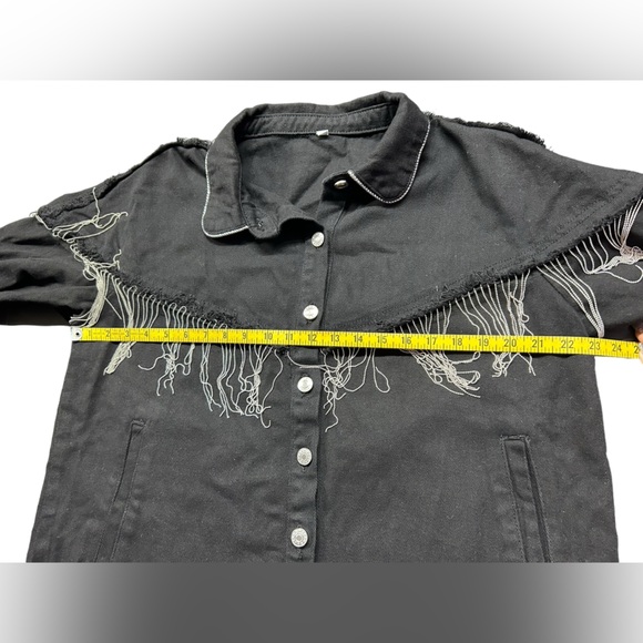 FINDTHY Women’s Fashion Rhinestone Fringe Jacket Long Sleeve Denim Jean Jacket - Picture 8 of 11